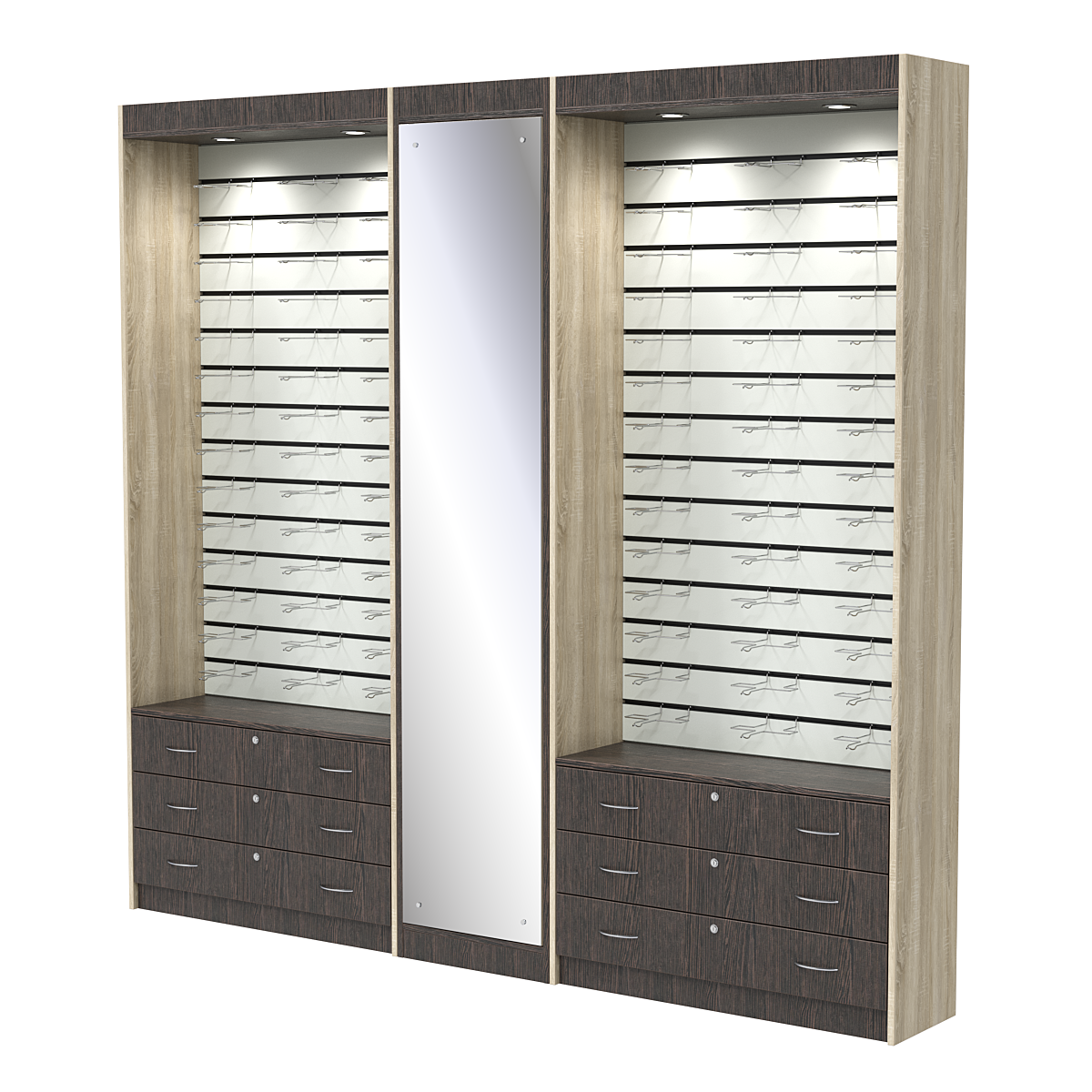 Комплект витрин под очки №11+1+11 (открытый доступ) Дуб Венге и Дуб Сонома