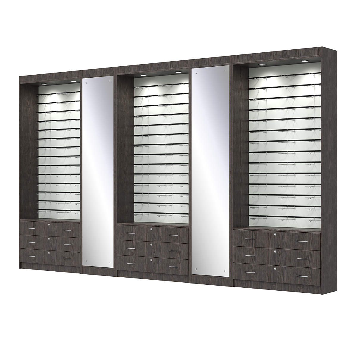 Комплект витрин под очки №11+1+11+1+11 (открытый доступ) Дуб Венге