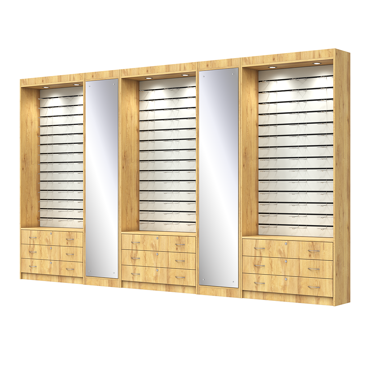 Комплект витрин под очки №11+1+11+1+11 (открытый доступ) Дуб Золотистый