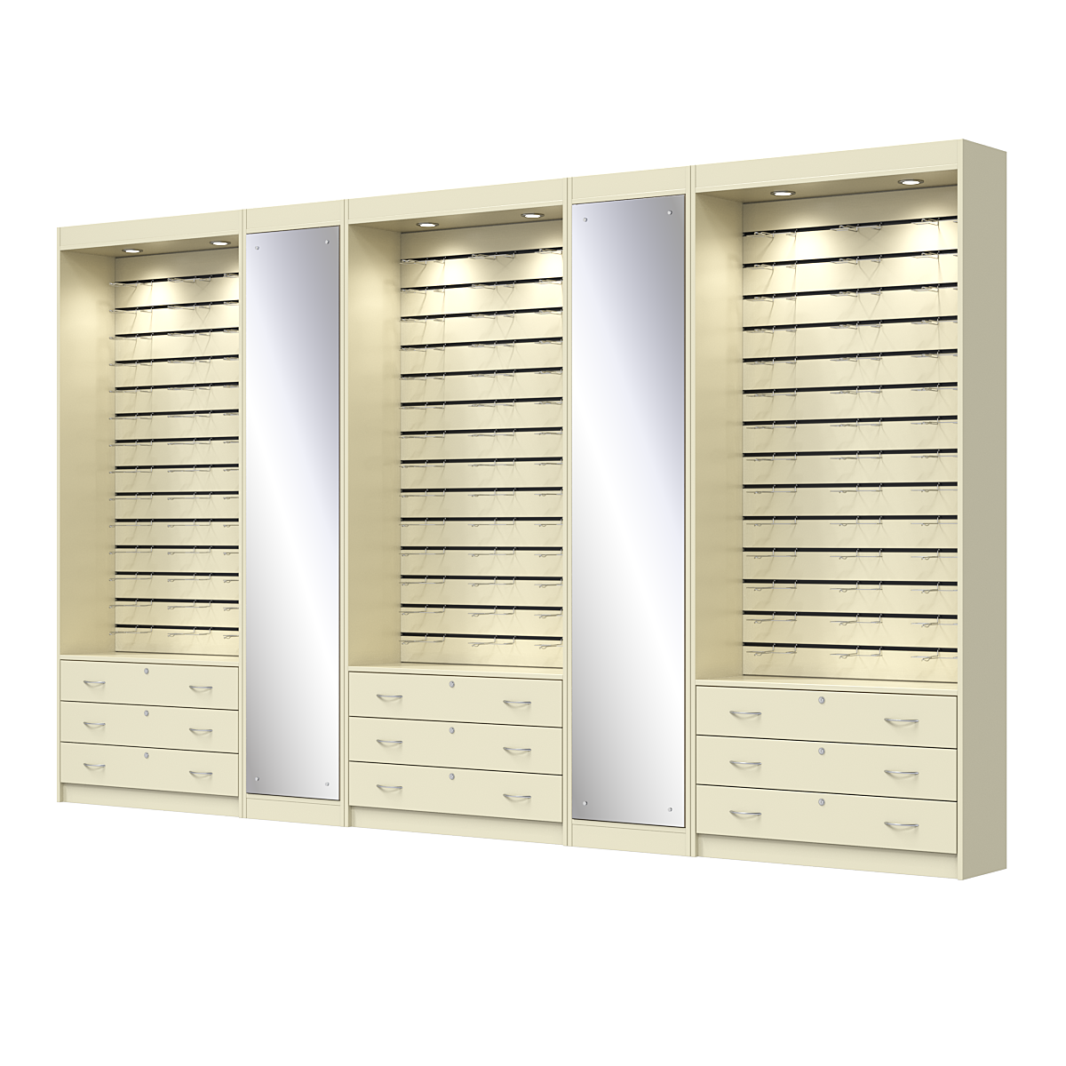 Комплект витрин под очки №11+1+11+1+11 (открытый доступ) Крем Вайс