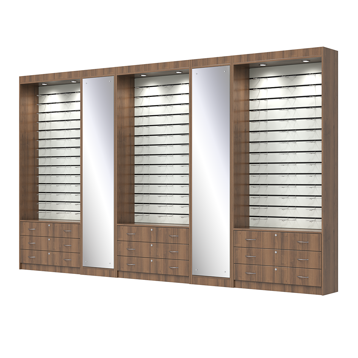 Комплект витрин под очки №11+1+11+1+11 (открытый доступ) Орех