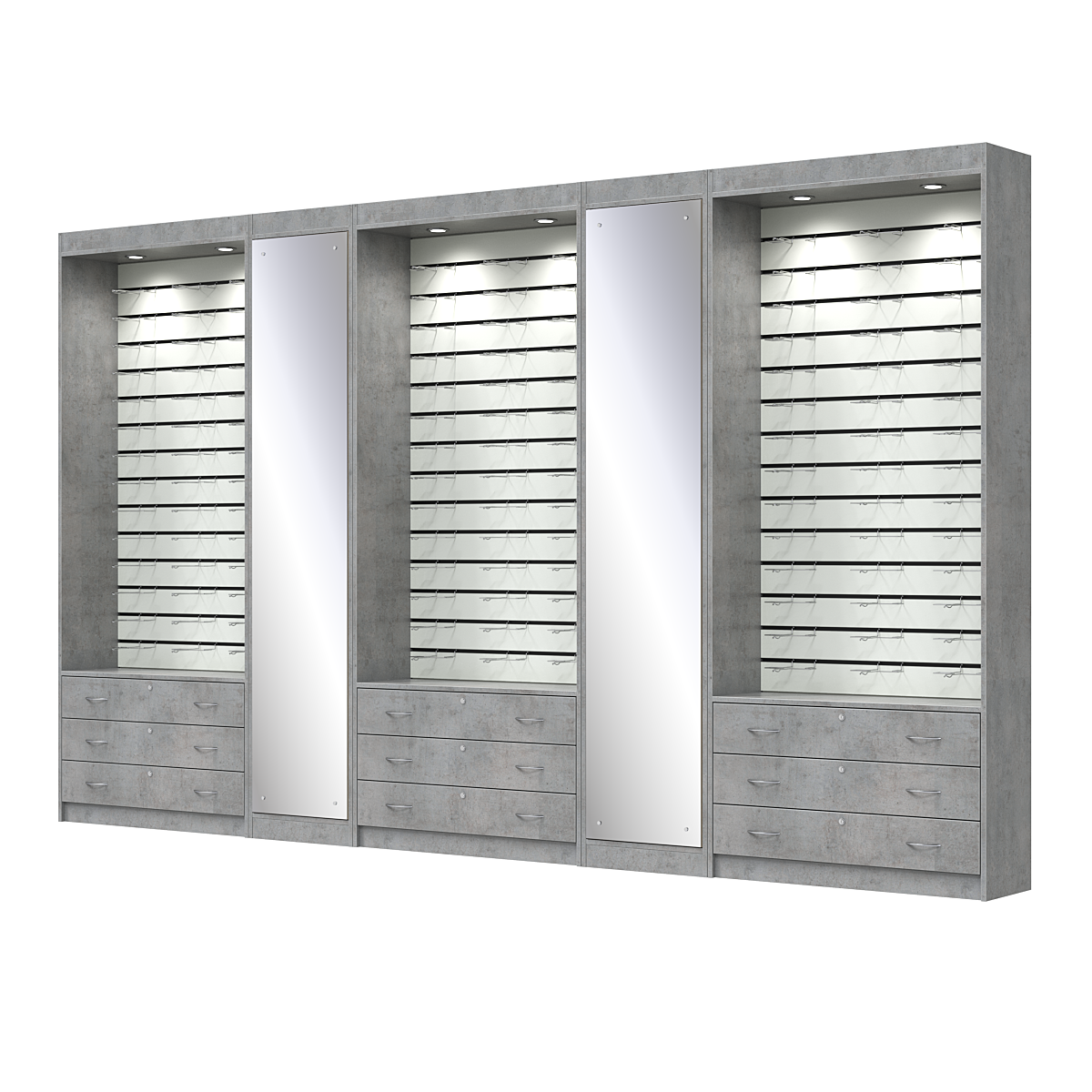 Комплект витрин под очки №11+1+11+1+11 (открытый доступ) Бетон Чикаго светло-серый F186 ST9