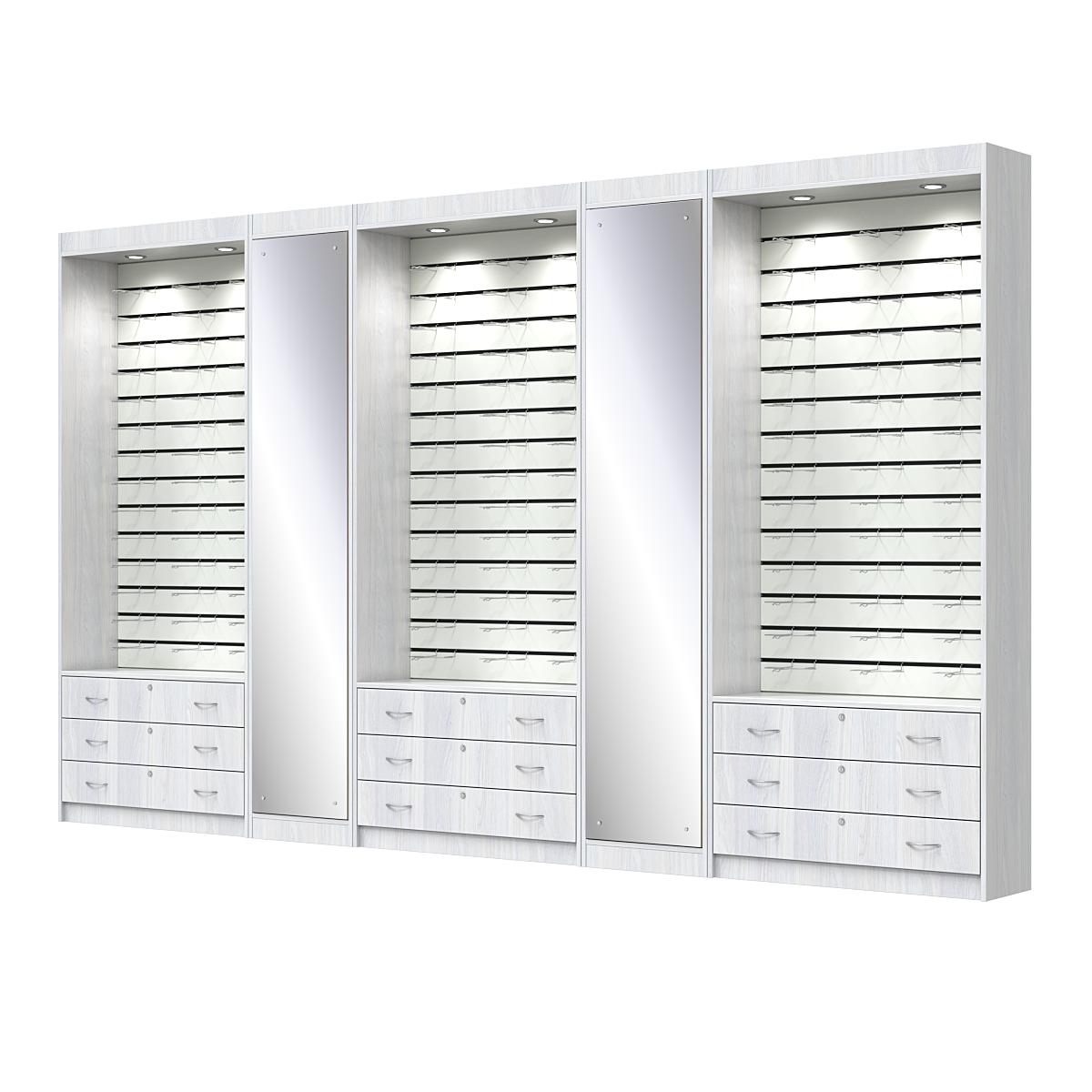 Комплект витрин под очки №11+1+11+1+11 (открытый доступ) Ясень Анкор светлый