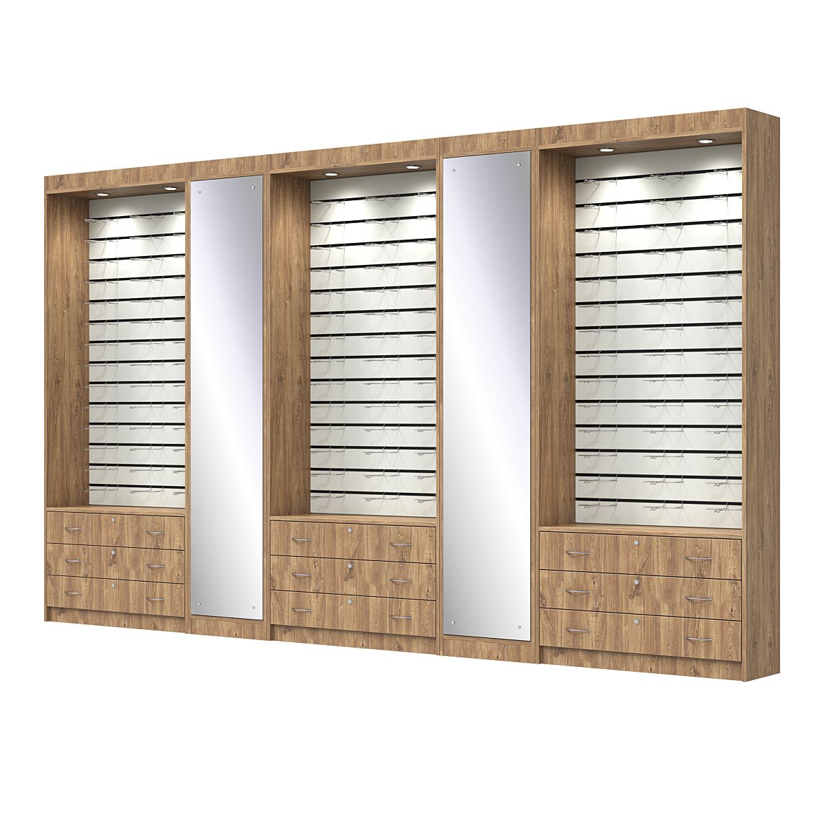 Комплект витрин под очки №11+1+11+1+11 (открытый доступ) Дуб Канзас коричневый