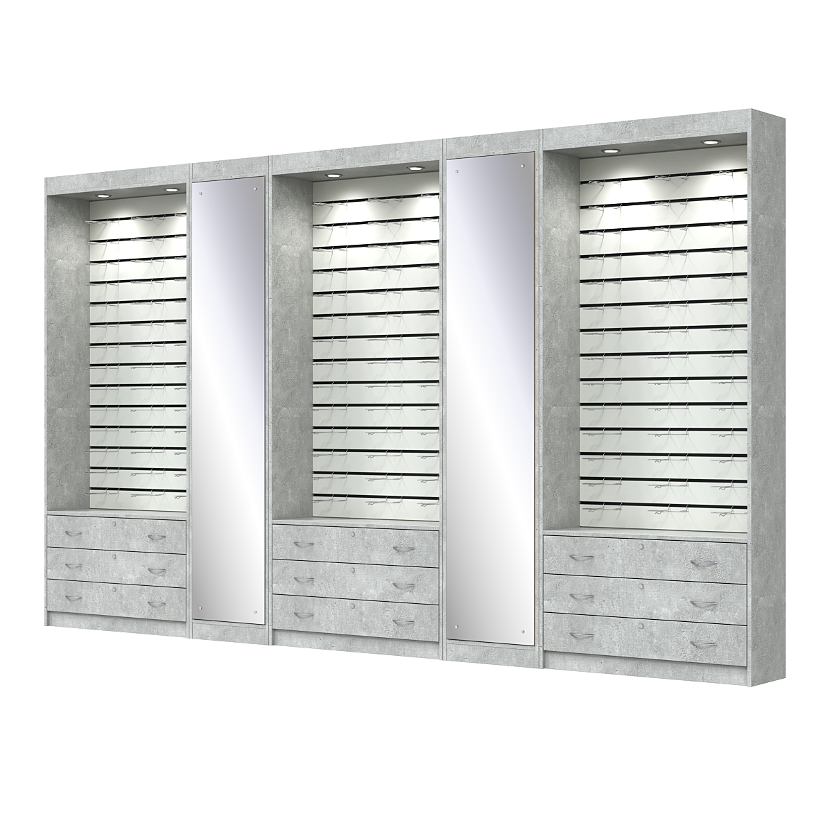 Комплект витрин под очки №11+1+11+1+11 (открытый доступ) Метрополитан Грей