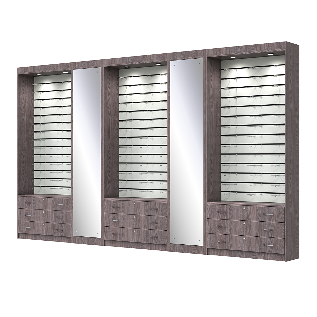 Комплект витрин под очки №11+1+11+1+11 (открытый доступ) Ясень Анкор темный