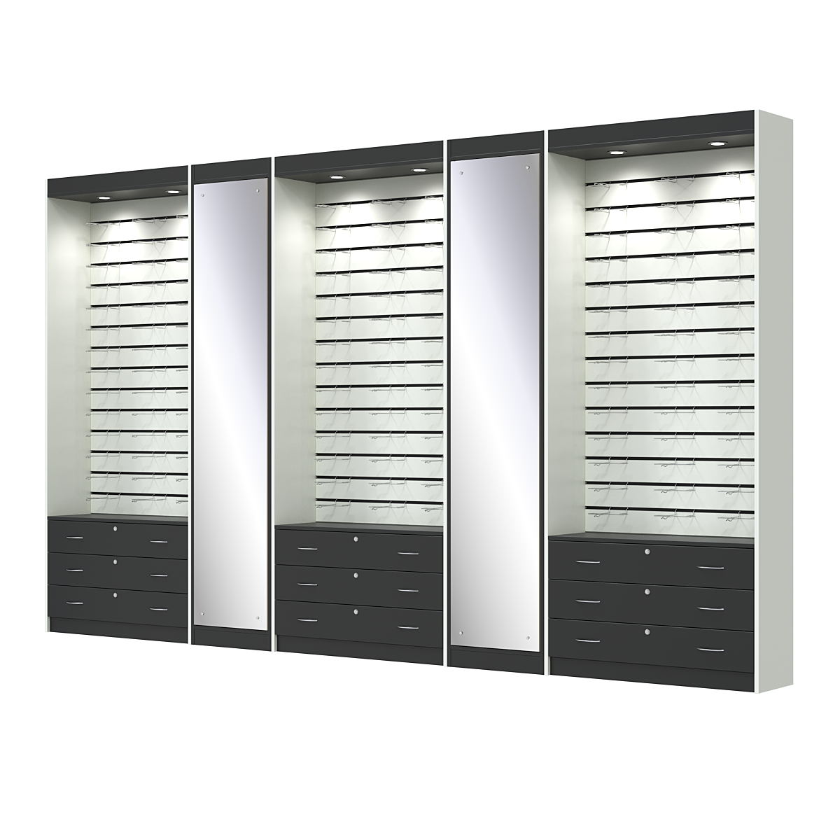 Комплект витрин под очки №11+1+11+1+11 (открытый доступ) Черный и Белый