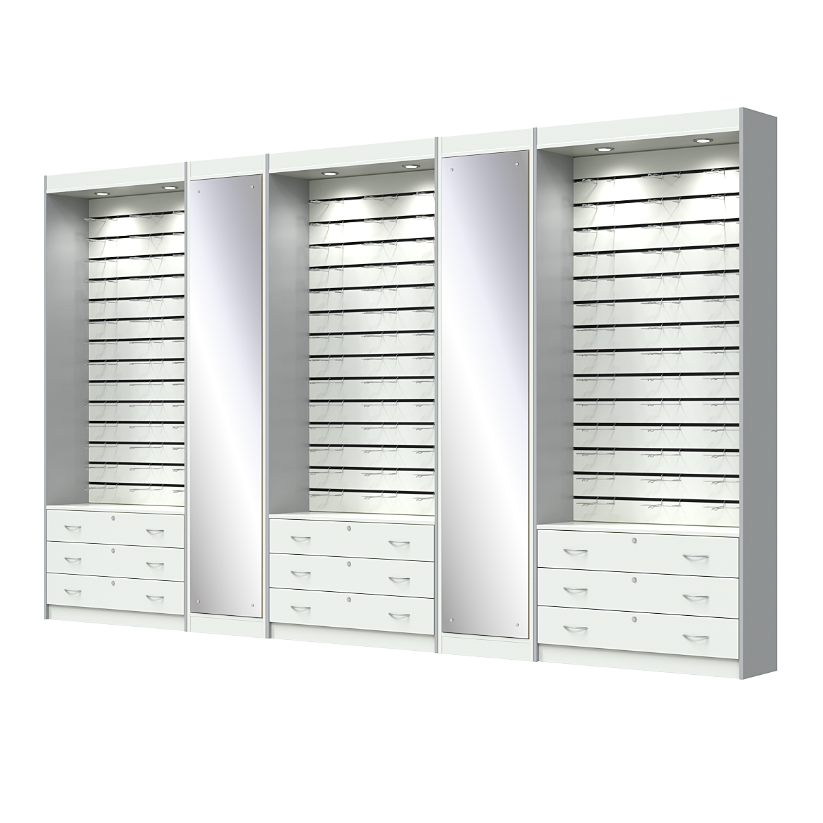 Комплект витрин под очки №11+1+11+1+11 (открытый доступ) Белый + Серый