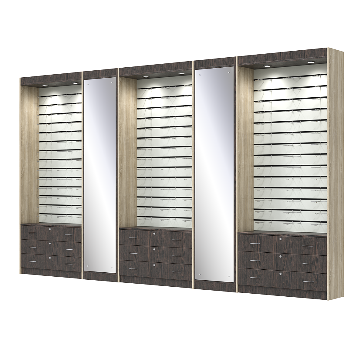 Комплект витрин под очки №11+1+11+1+11 (открытый доступ) Дуб Венге и Дуб Сонома