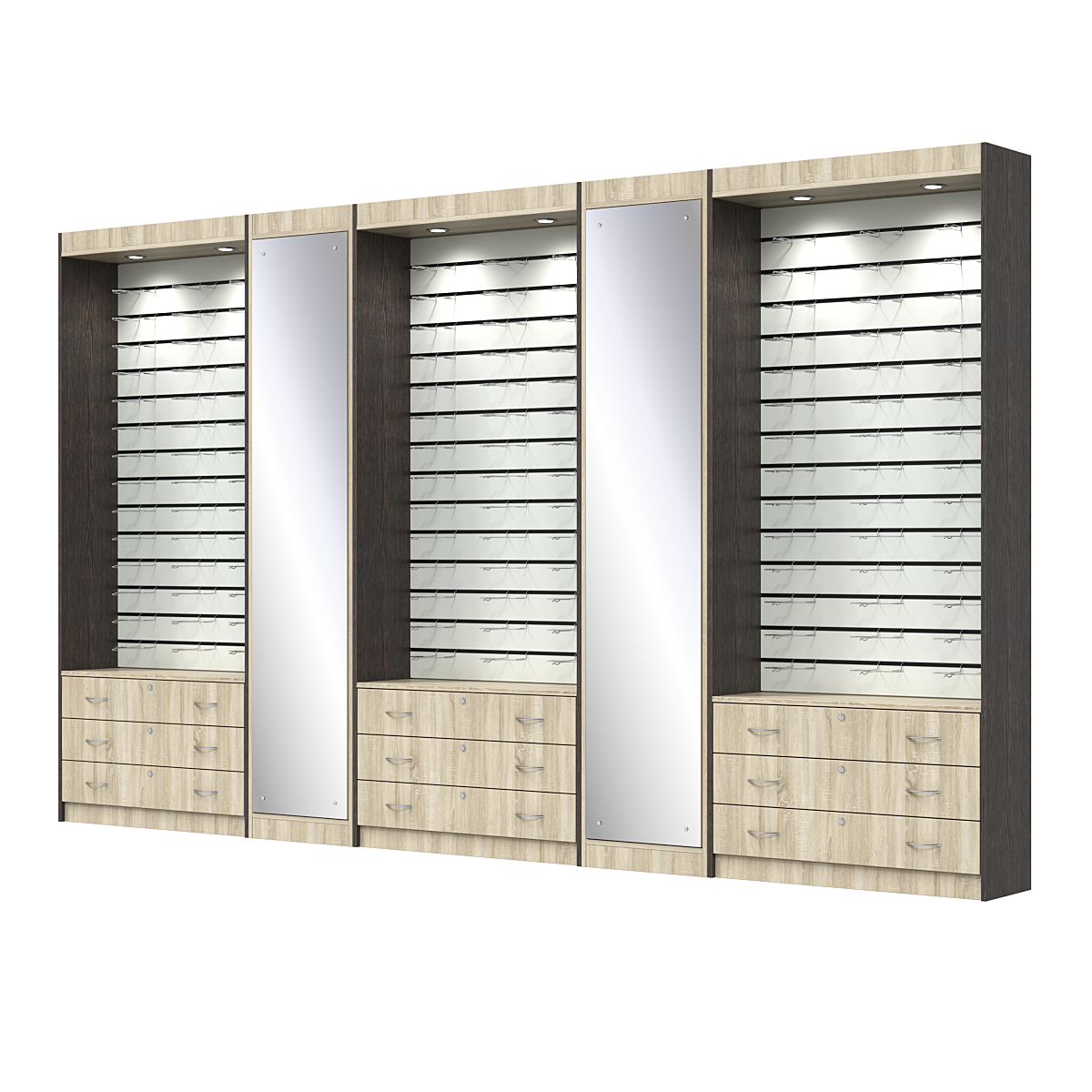 Комплект витрин под очки №11+1+11+1+11 (открытый доступ) Дуб Сонома + Дуб Венге