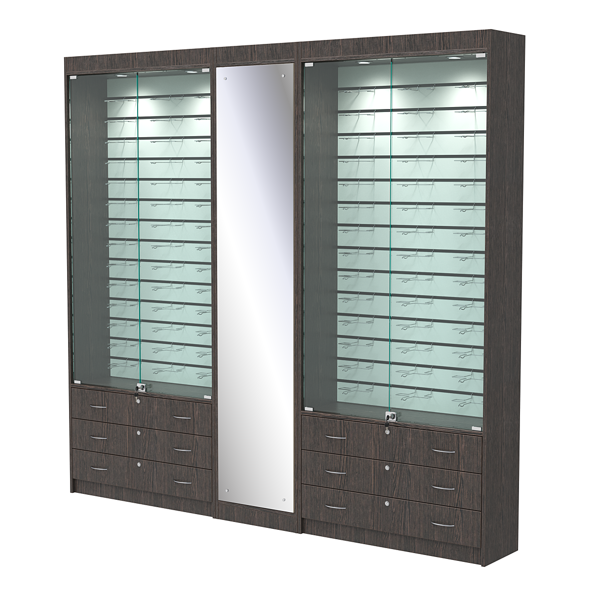 Комплект витрин под очки №10+1+10 (закрытый доступ) Дуб Венге