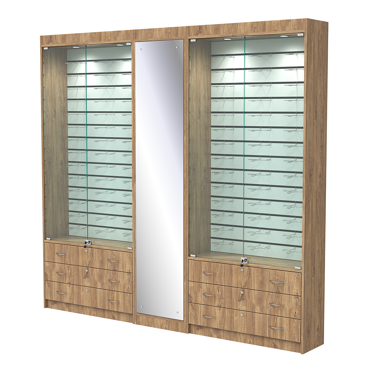 Комплект витрин под очки №10+1+10 (закрытый доступ) Дуб Канзас коричневый