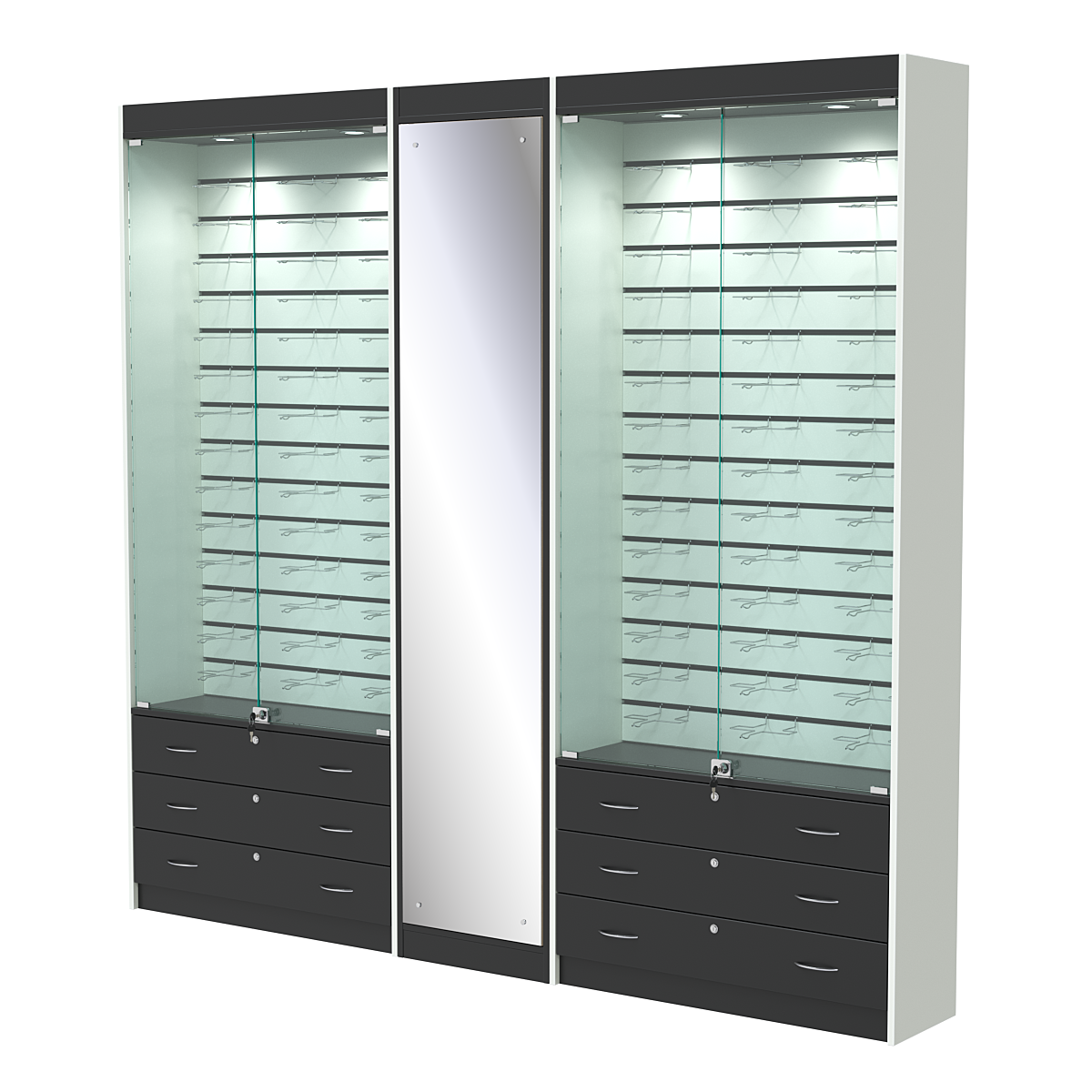 Комплект витрин под очки №10+1+10 (закрытый доступ) Черный и Белый