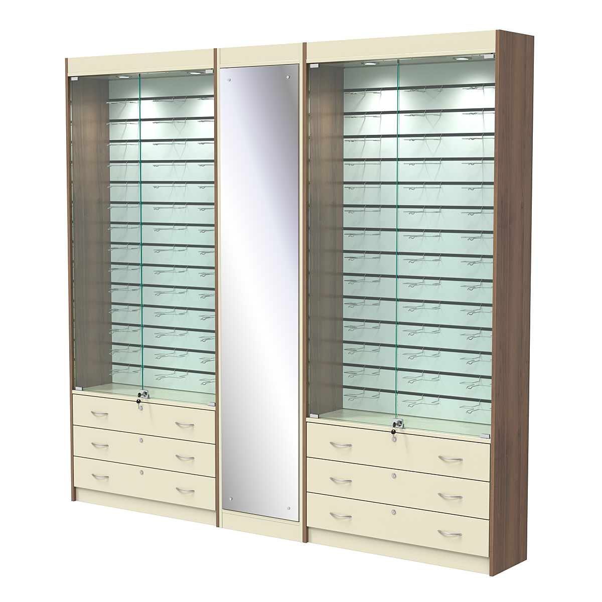 Комплект витрин под очки №10+1+10 (закрытый доступ) Орех + Крем Вайс