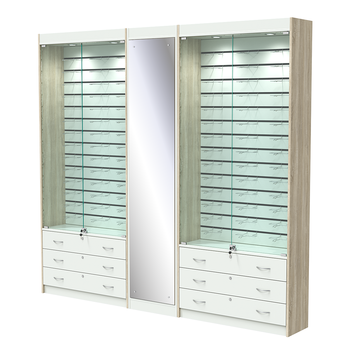 Комплект витрин под очки №10+1+10 (закрытый доступ) Дуб Сонома + Белый