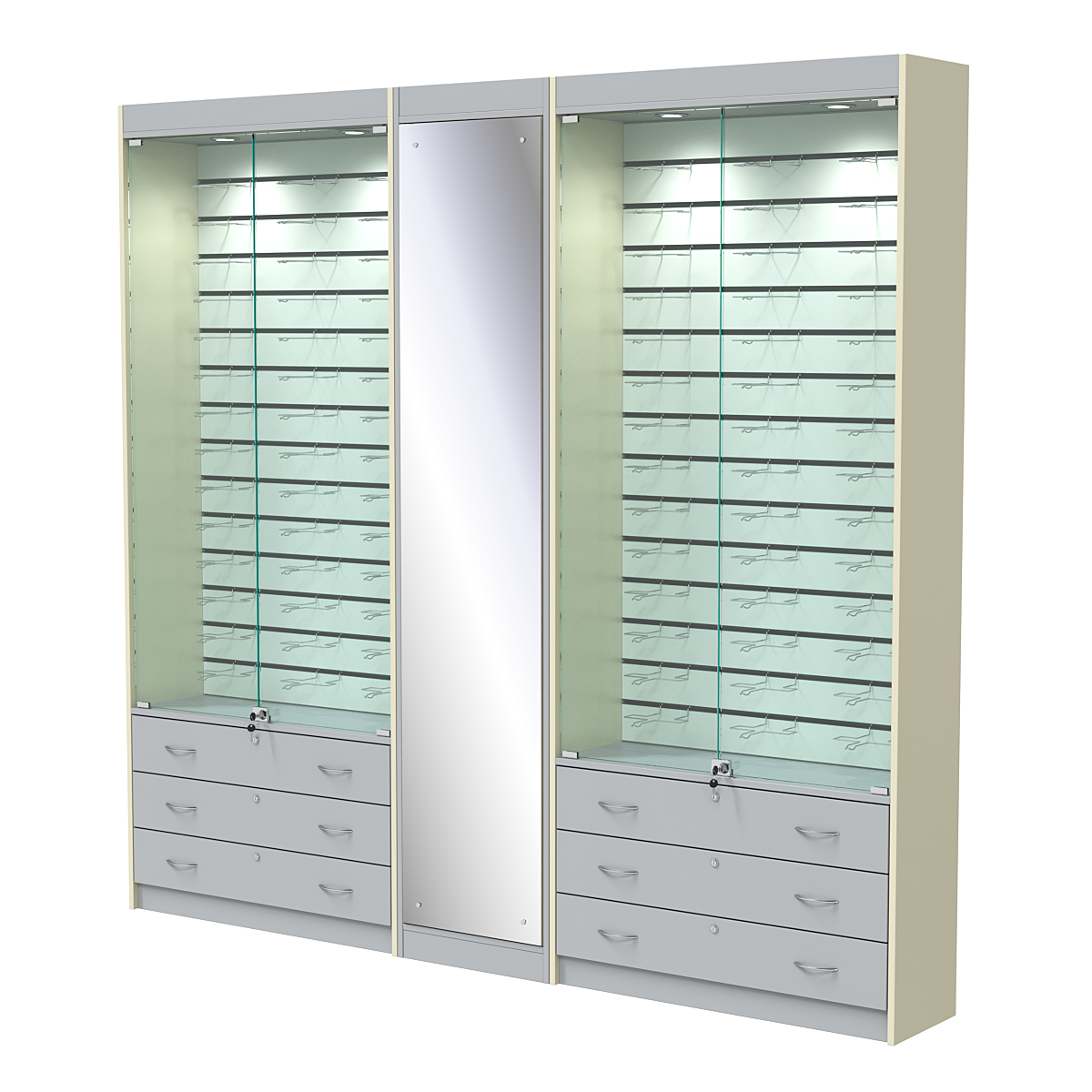 Комплект витрин под очки №10+1+10 (закрытый доступ) Серый + Крем Вайс