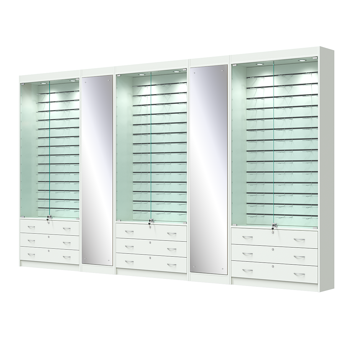 Комплект витрин под очки №10+1+10+1+10 (закрытый доступ) Белый