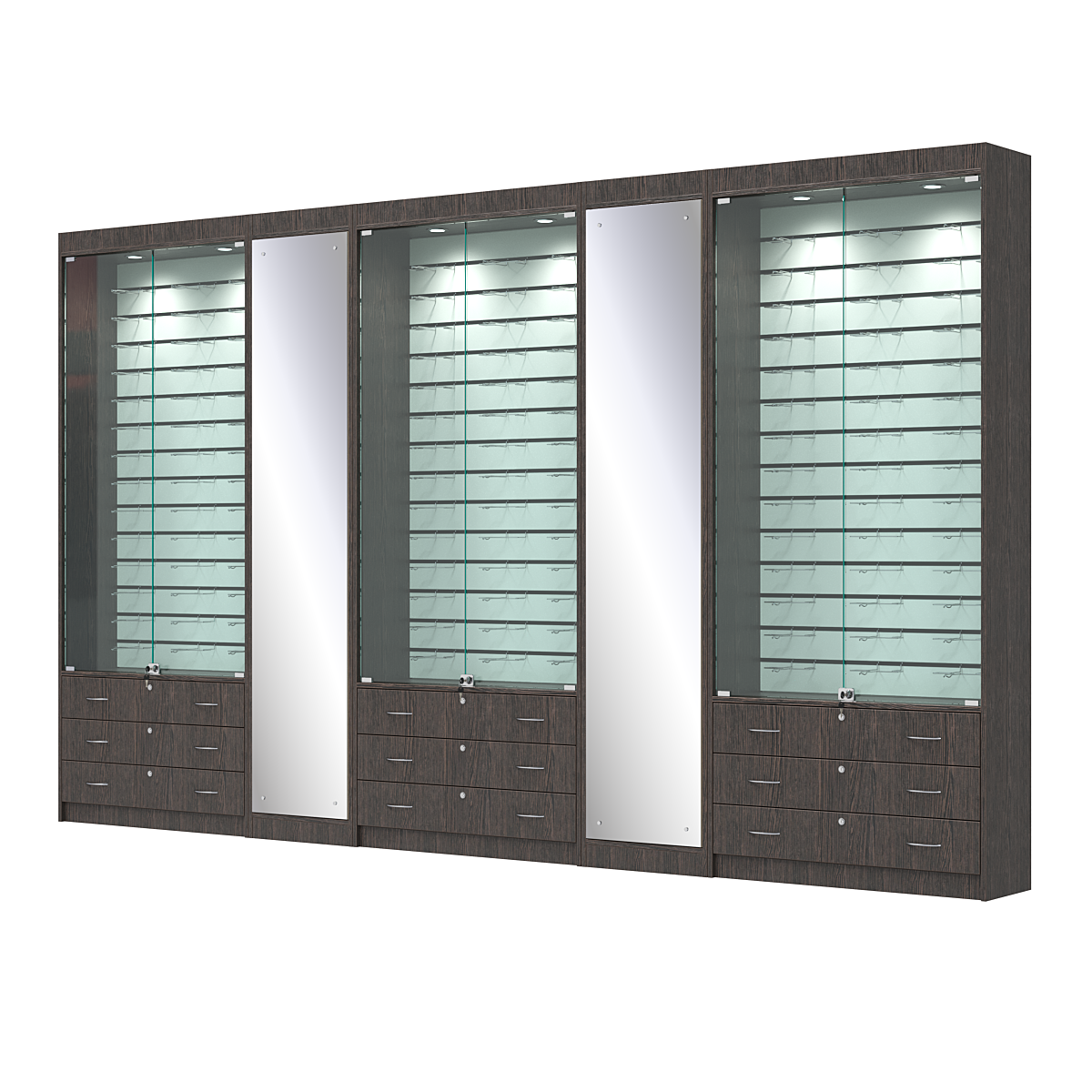 Комплект витрин под очки №10+1+10+1+10 (закрытый доступ) Дуб Венге