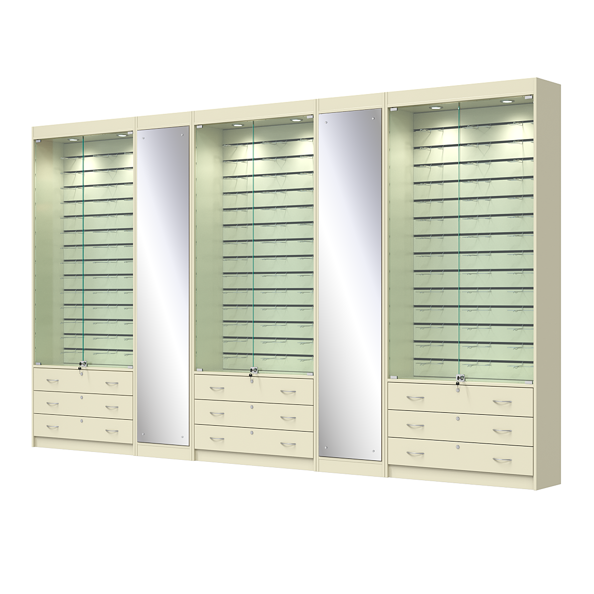 Комплект витрин под очки №10+1+10+1+10 (закрытый доступ) Крем Вайс