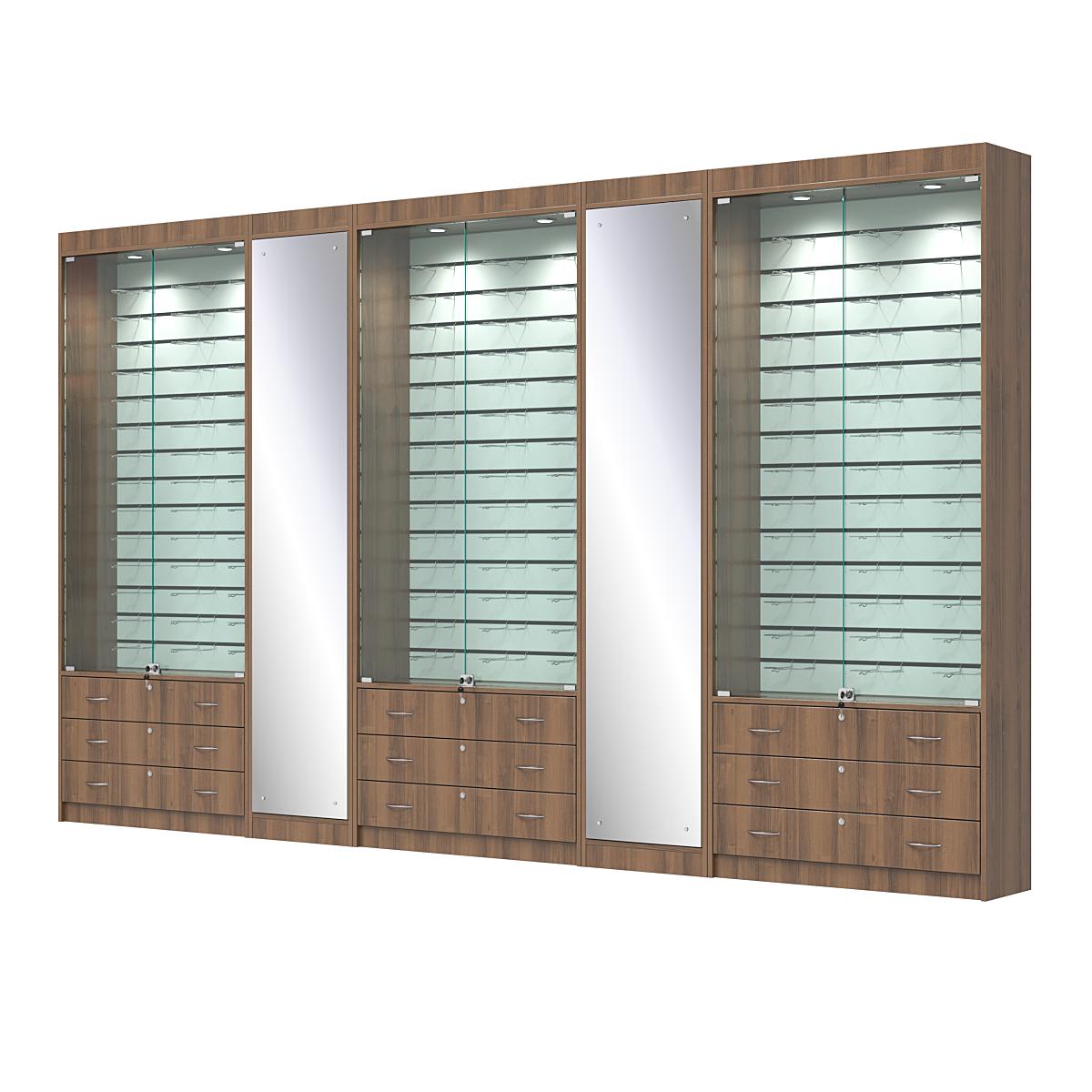 Комплект витрин под очки №10+1+10+1+10 (закрытый доступ) Орех