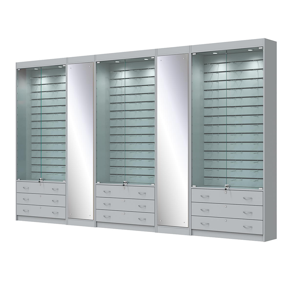 Комплект витрин под очки №10+1+10+1+10 (закрытый доступ) Серый