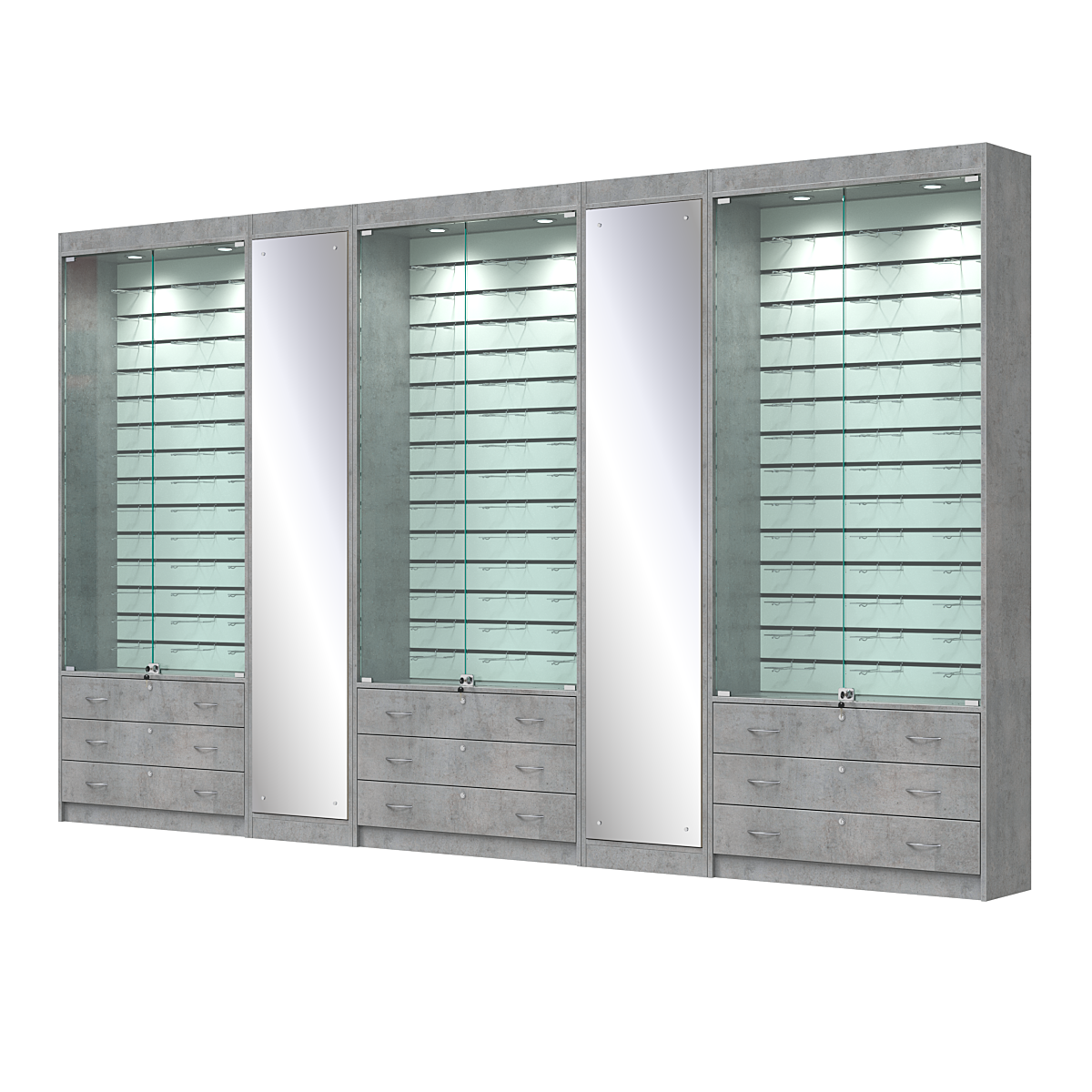 Комплект витрин под очки №10+1+10+1+10 (закрытый доступ) Бетон Чикаго светло-серый F186 ST9