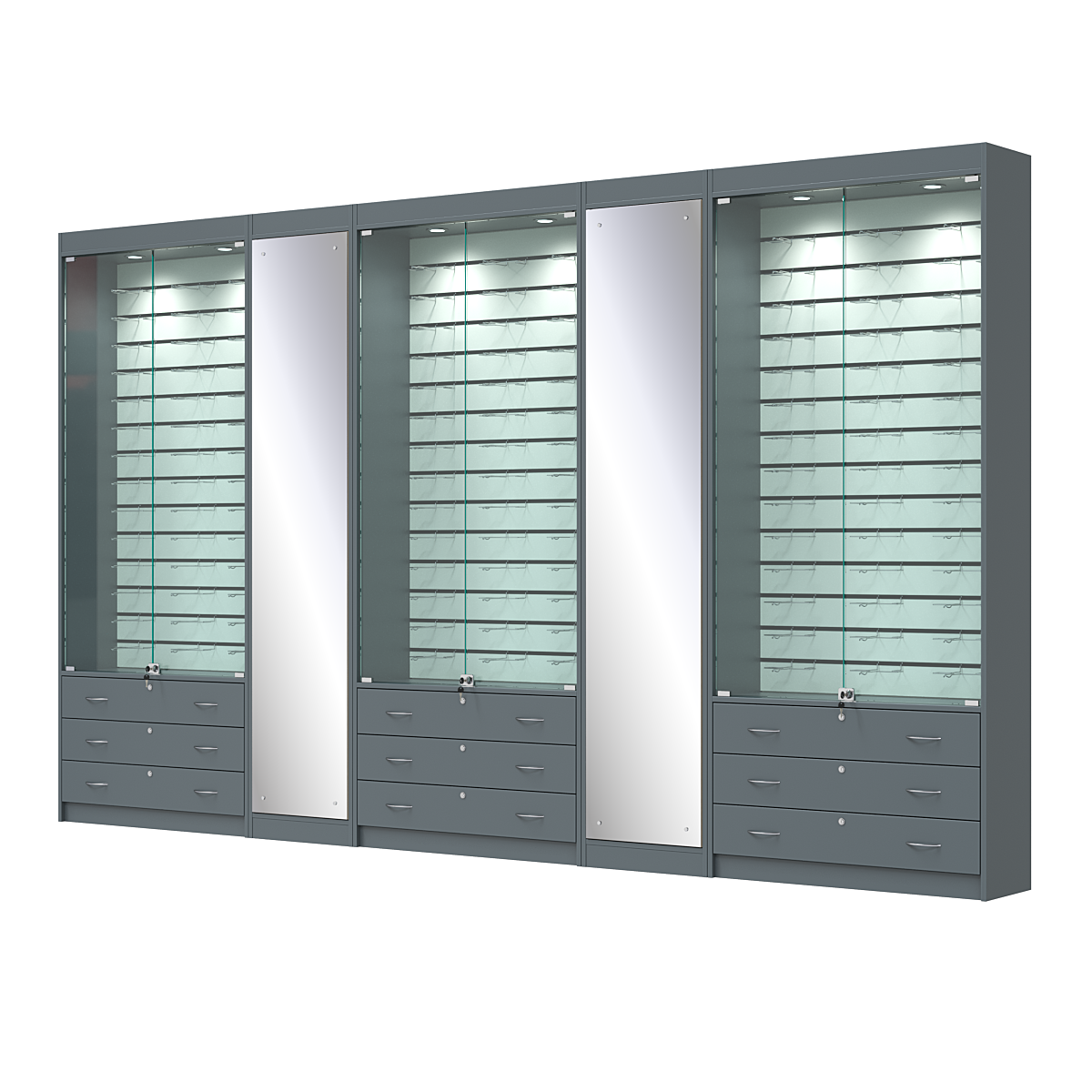 Комплект витрин под очки №10+1+10+1+10 (закрытый доступ) Темно-Серый