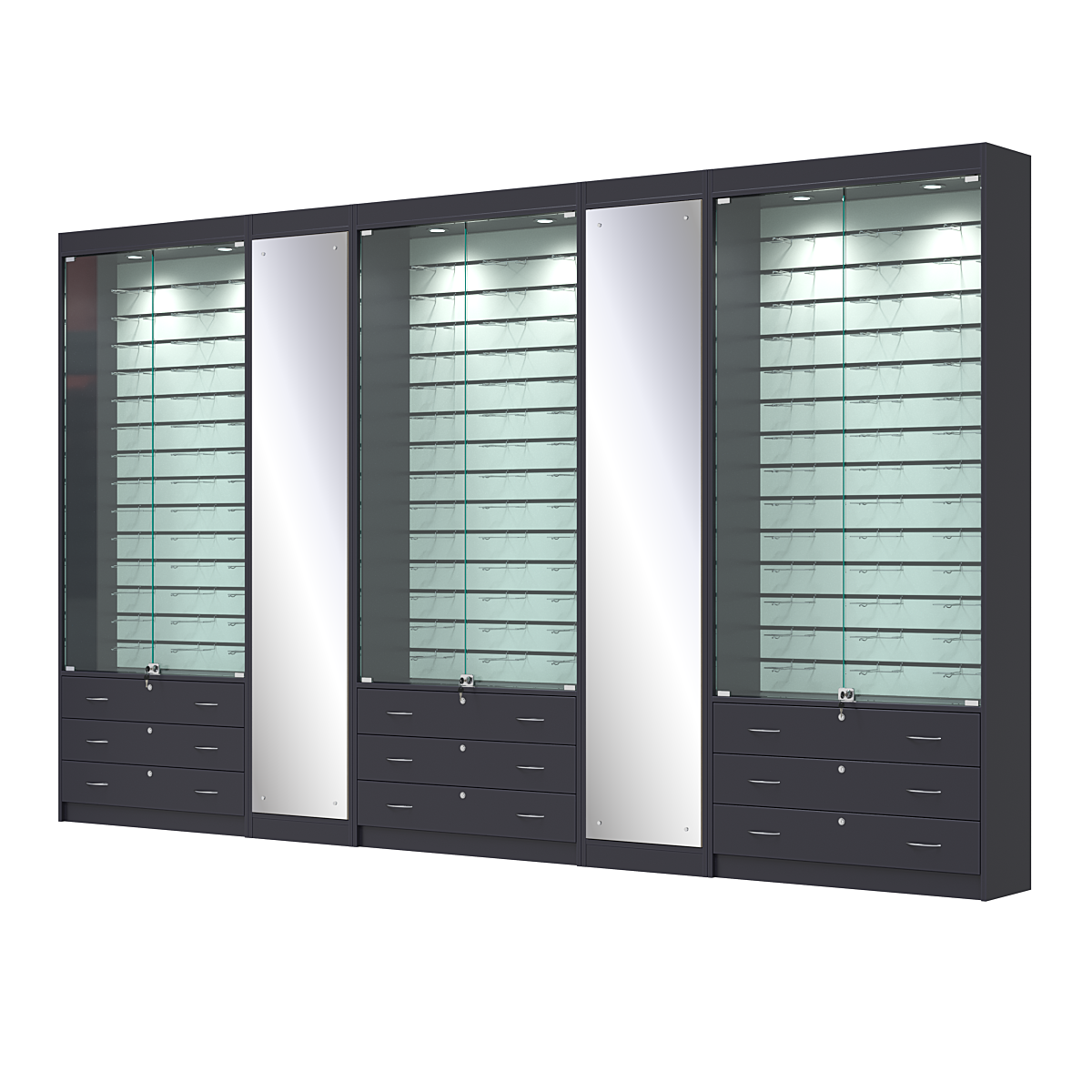 Комплект витрин под очки №10+1+10+1+10 (закрытый доступ) Антрацит