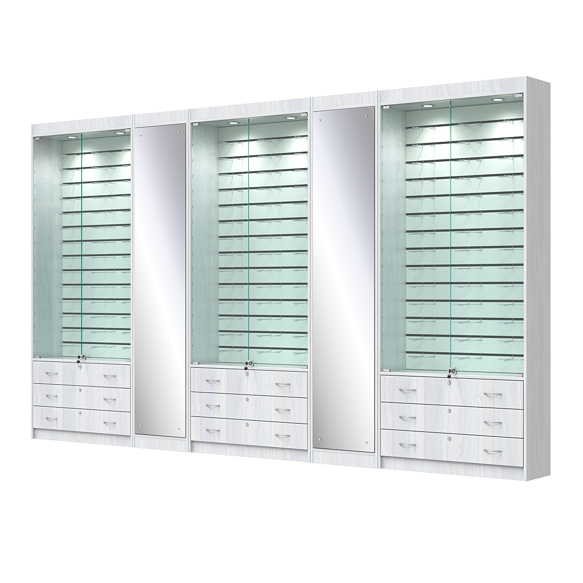 Комплект витрин под очки №10+1+10+1+10 (закрытый доступ) Ясень Анкор светлый