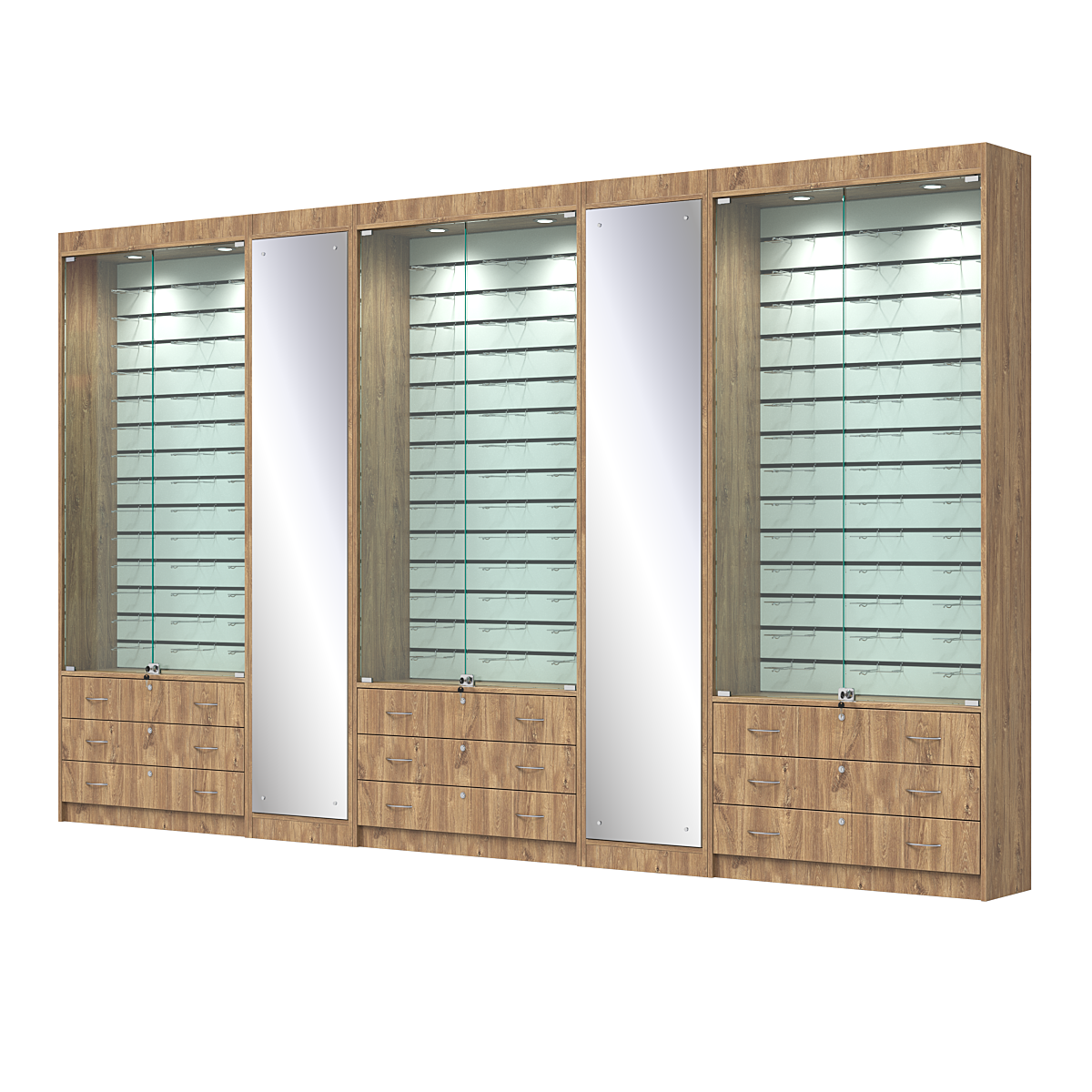 Комплект витрин под очки №10+1+10+1+10 (закрытый доступ) Дуб Канзас коричневый