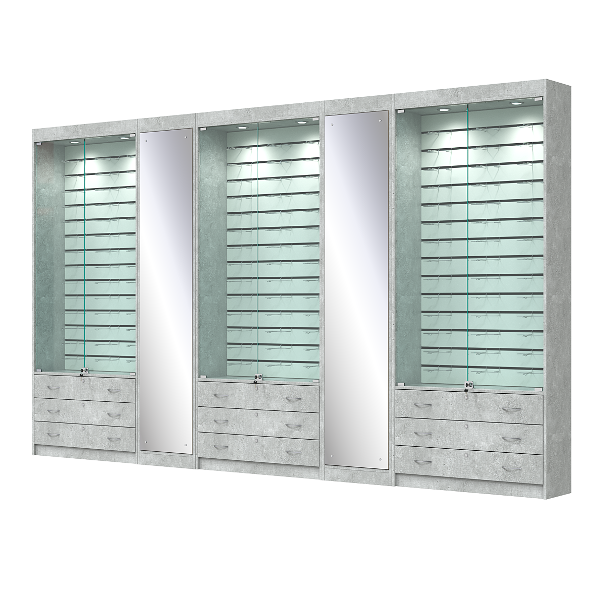 Комплект витрин под очки №10+1+10+1+10 (закрытый доступ) Метрополитан Грей