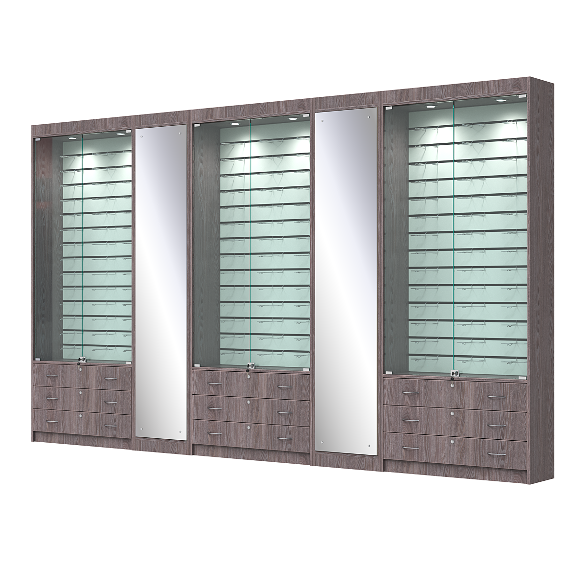 Комплект витрин под очки №10+1+10+1+10 (закрытый доступ) Ясень Анкор темный