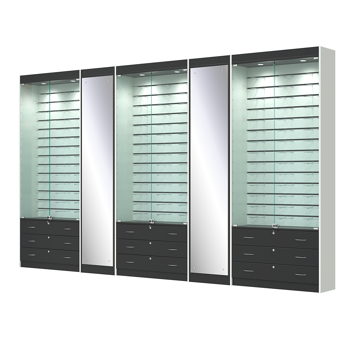 Комплект витрин под очки №10+1+10+1+10 (закрытый доступ) Черный и Белый