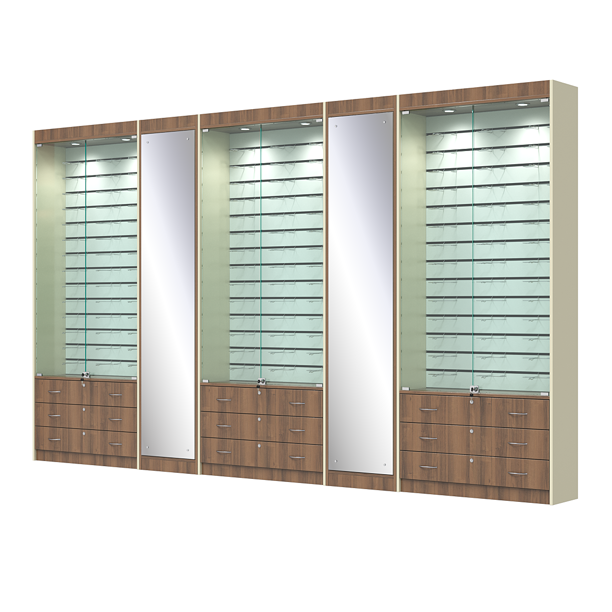 Комплект витрин под очки №10+1+10+1+10 (закрытый доступ) Орех + Крем Вайс