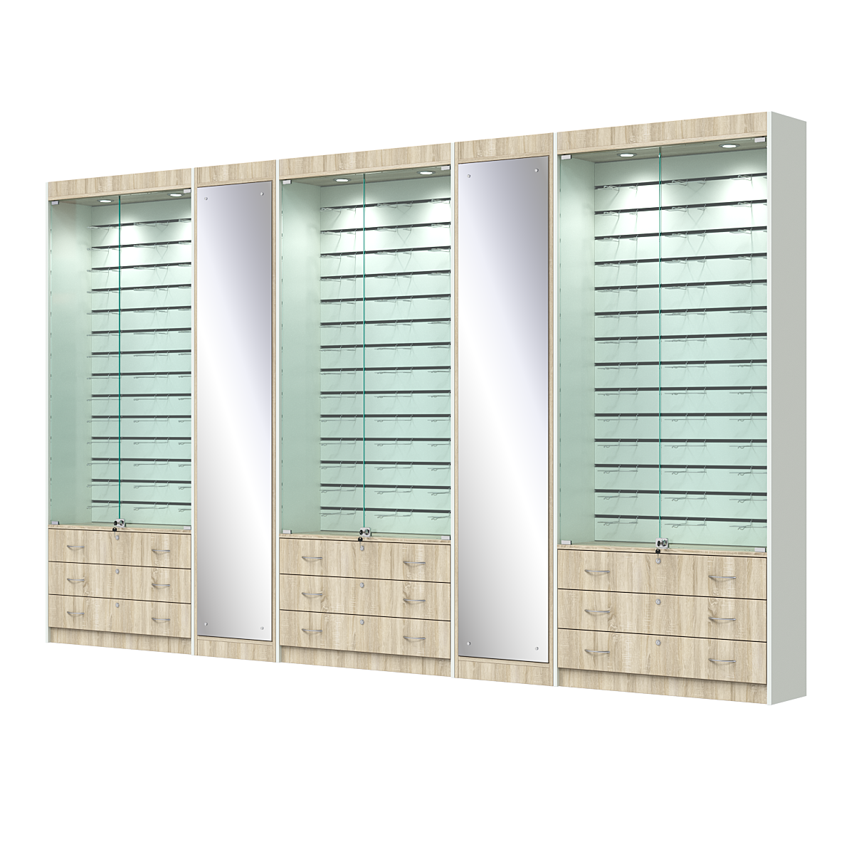 Комплект витрин под очки №10+1+10+1+10 (закрытый доступ) Дуб Сонома + Белый