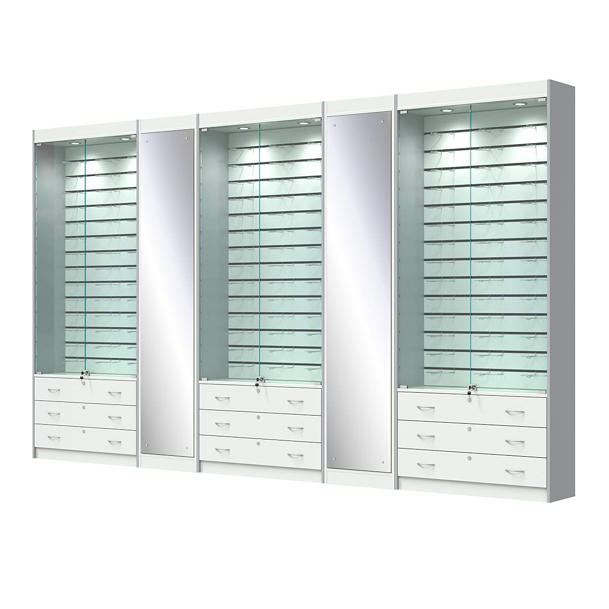 Комплект витрин под очки №10+1+10+1+10 (закрытый доступ) Белый + Серый