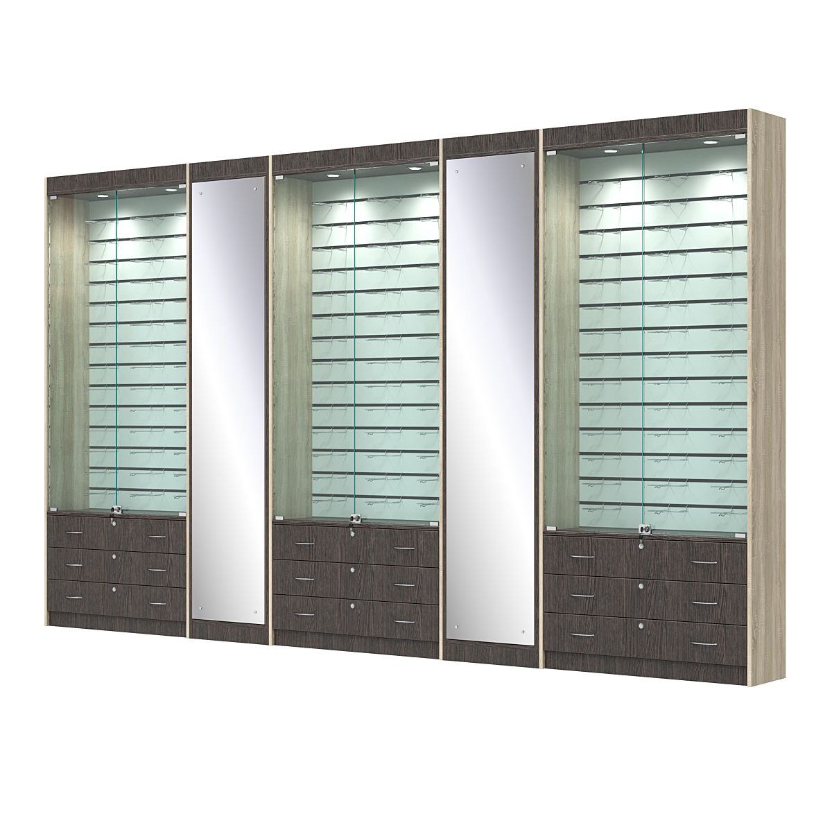 Комплект витрин под очки №10+1+10+1+10 (закрытый доступ) Дуб Венге и Дуб Сонома