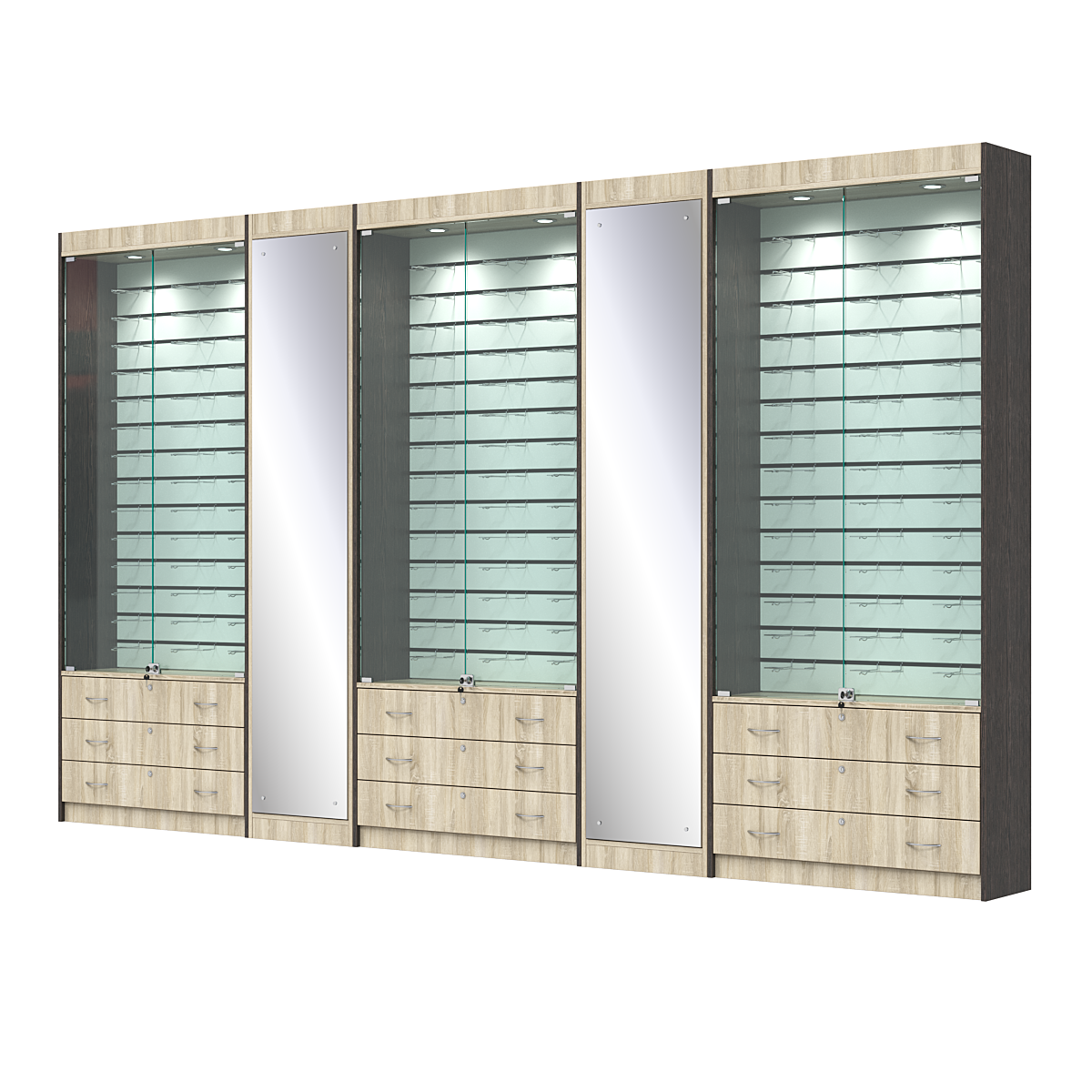 Комплект витрин под очки №10+1+10+1+10 (закрытый доступ) Дуб Сонома + Дуб Венге