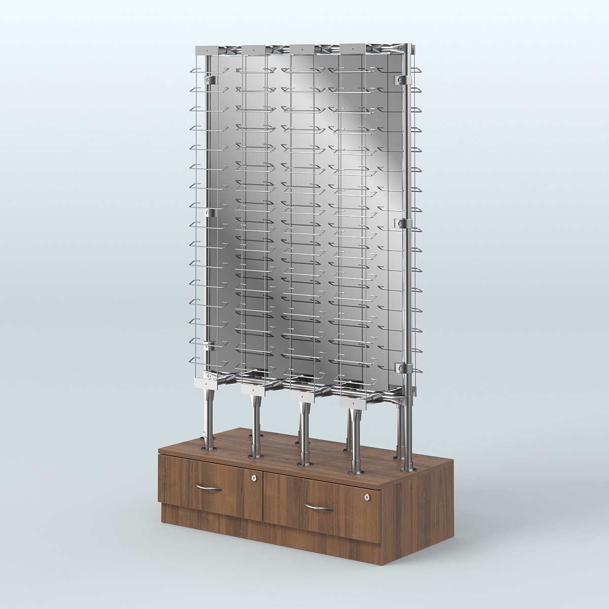 Стенд в центр зала для продажи очков З/C - зеркало №СДПО-ОД-Т28-Д24 (открытый доступ) Орех