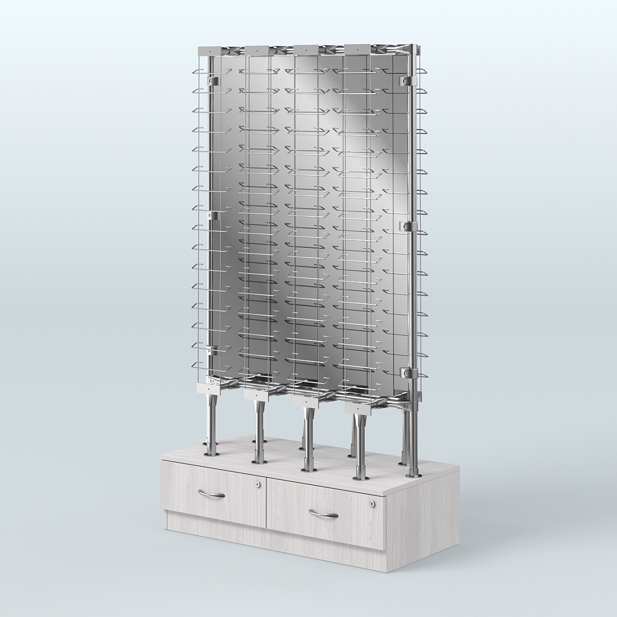 Стенд в центр зала для продажи очков З/C - зеркало №СДПО-ОД-Т28-Д24 (открытый доступ) Ясень Анкор светлый