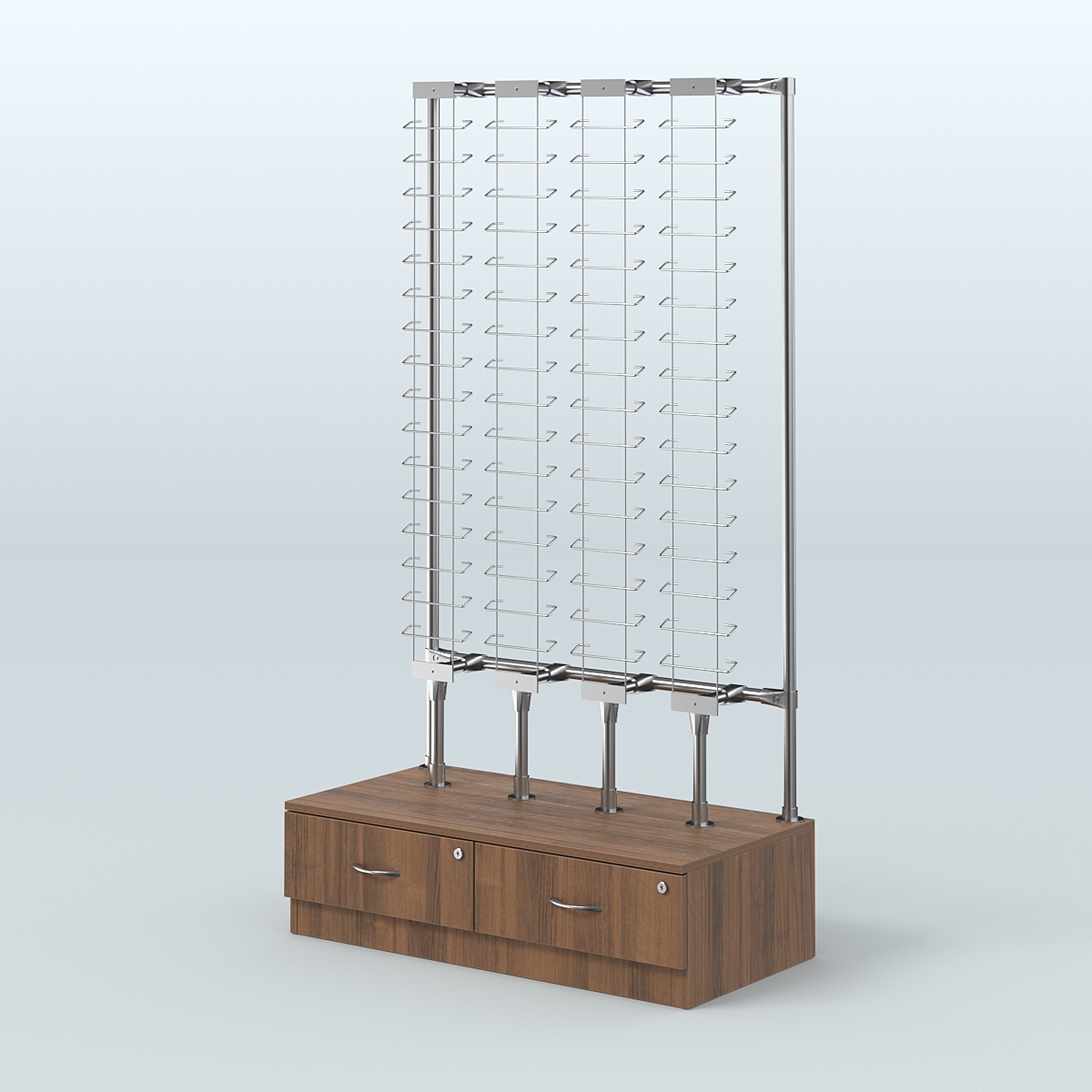 Пристенный стенд для продажи очков без задней стенки №ПСДПО-ОД-Т28-Д24 (открытый доступ) Орех