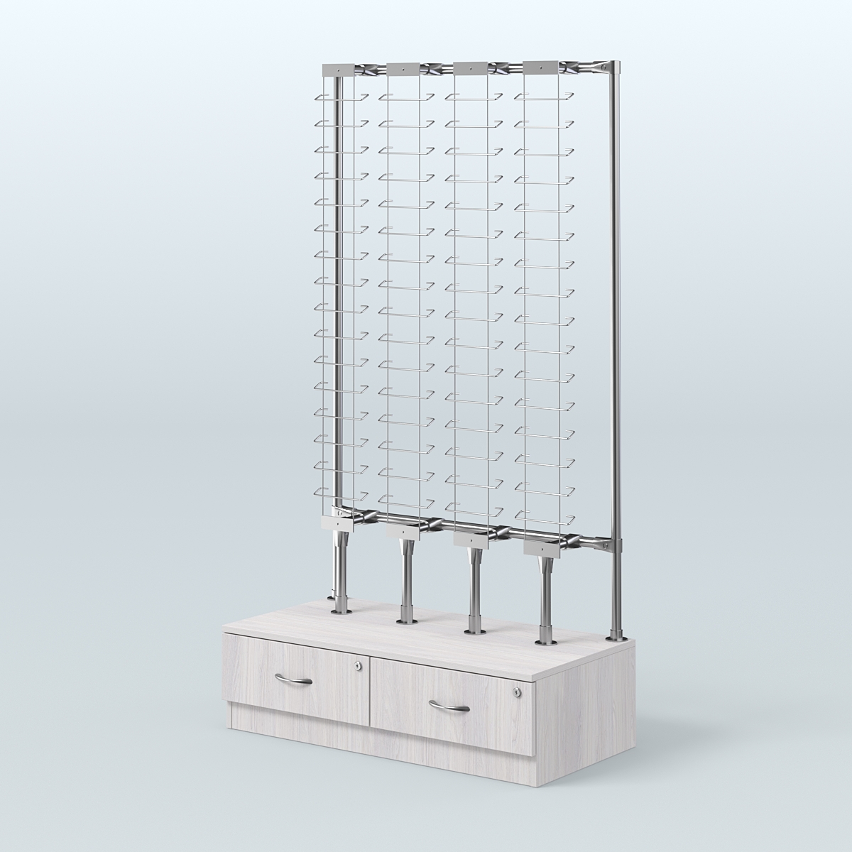 Пристенный стенд для продажи очков без задней стенки №ПСДПО-ОД-Т28-Д24 (открытый доступ) Ясень Анкор светлый