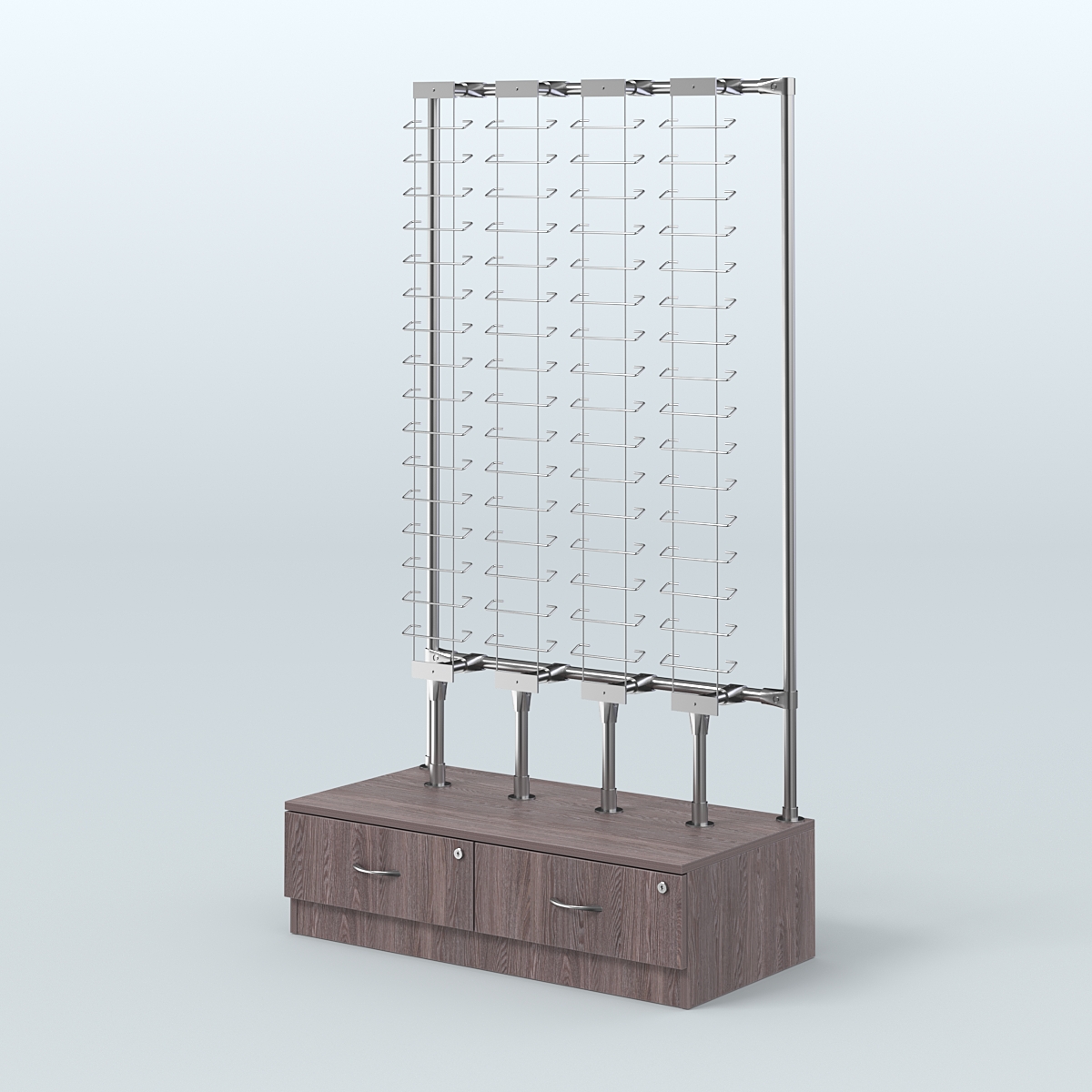 Пристенный стенд для продажи очков без задней стенки №ПСДПО-ОД-Т28-Д24 (открытый доступ) Ясень Анкор темный