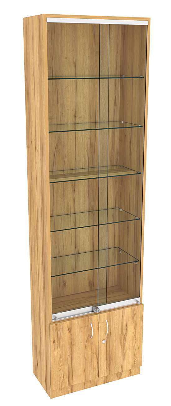 Витрина СЭСП-Z №2-300 (З/C - ДВП) со стеклянными полками и шторками Дуб Золотистый