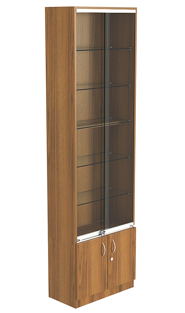 Витрина СЭСП-Z №2-300 (З/C - ДВП) со стеклянными полками и шторками Орех