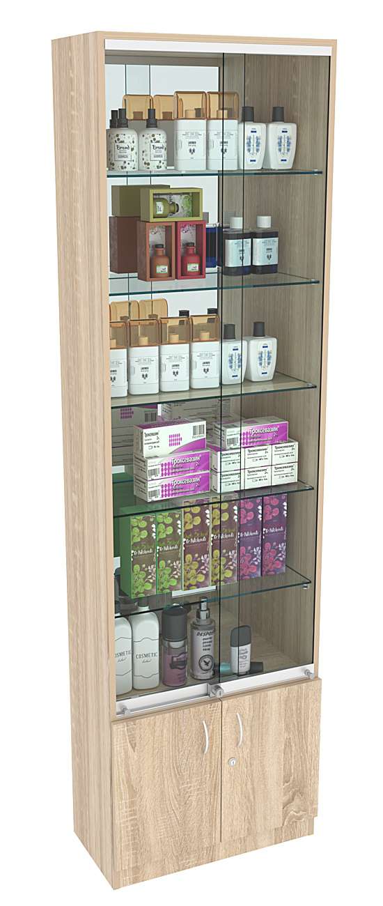 Витрина СЭСП-Z №2-300 (З/C - Зеркало) со стеклянными полками и шторками Дуб сонома