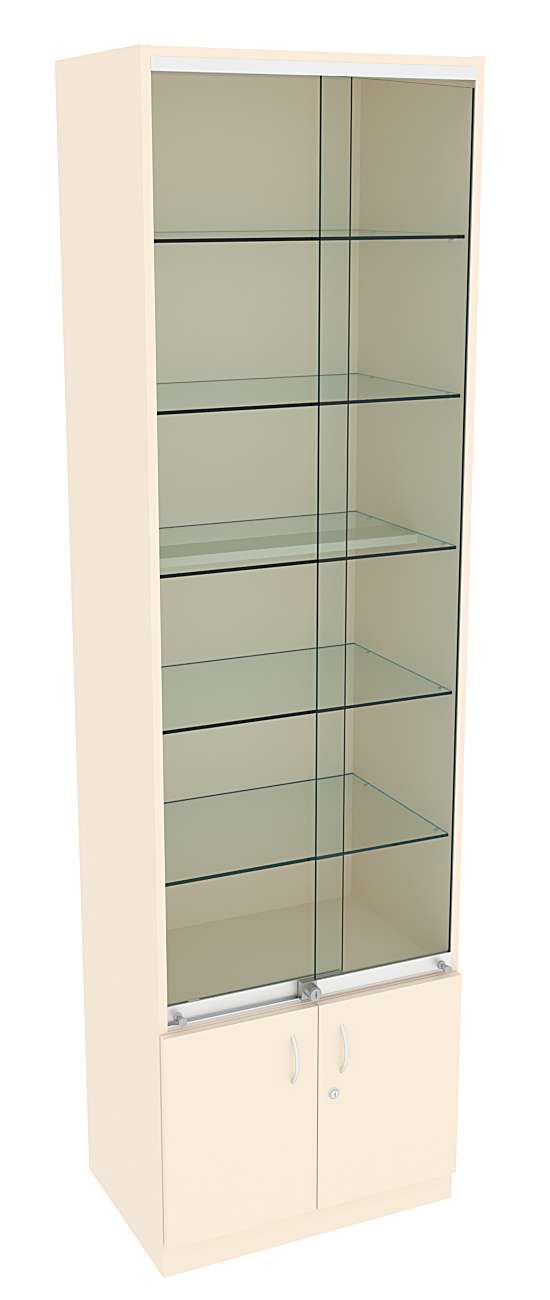Витрина СЭСП-Z №2-400 (З/C - ДВП) со стеклянными полками и шторками Крем Вайс