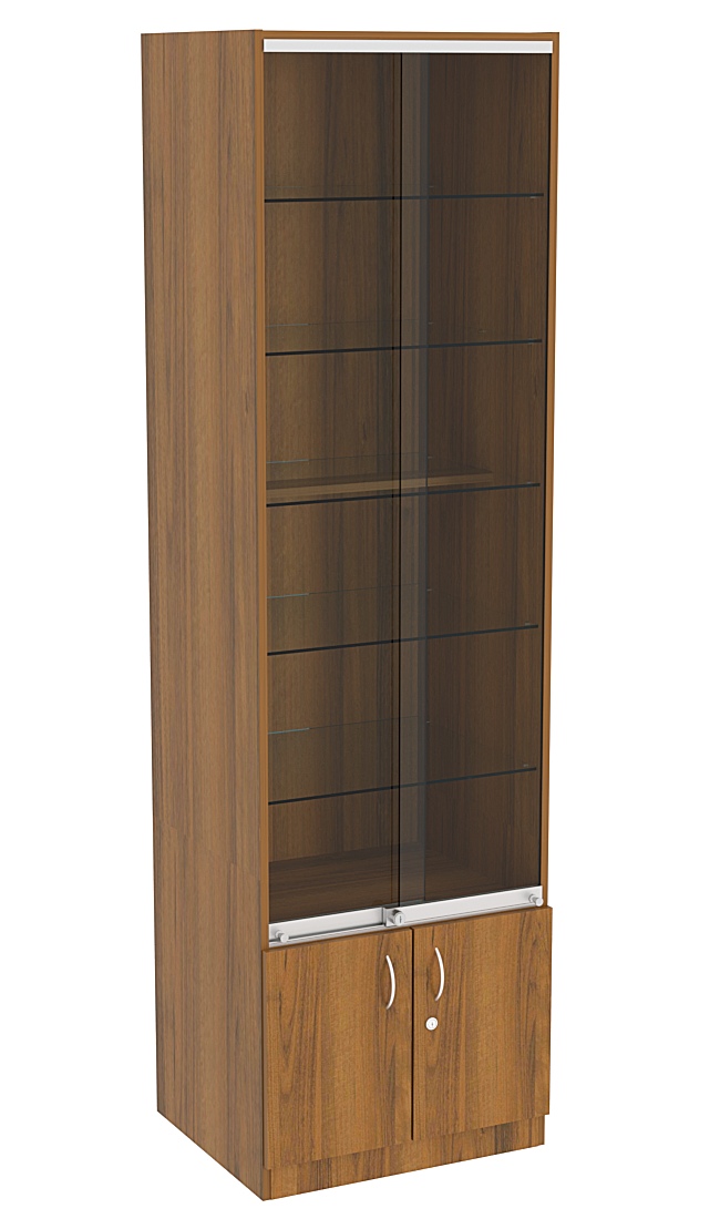 Витрина СЭСП-Z №2-500 (З/C - ДВП) со стеклянными полками и шторками Орех