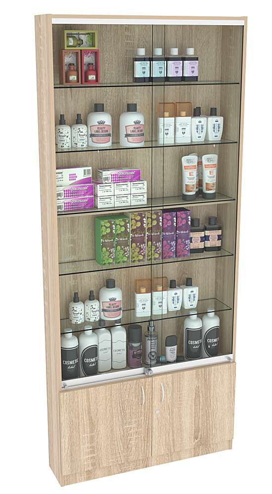 Витрина СЭСП-Z №1-200 (З/C - ДВП) со стеклянными полками и шторками Дуб сонома