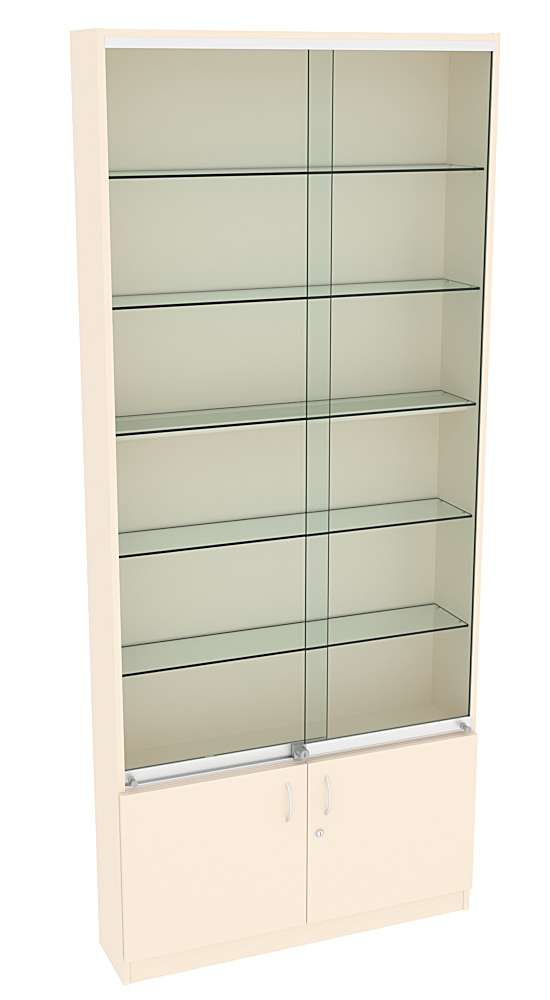 Витрина СЭСП-Z №1-200 (З/C - ДВП) со стеклянными полками и шторками Крем Вайс